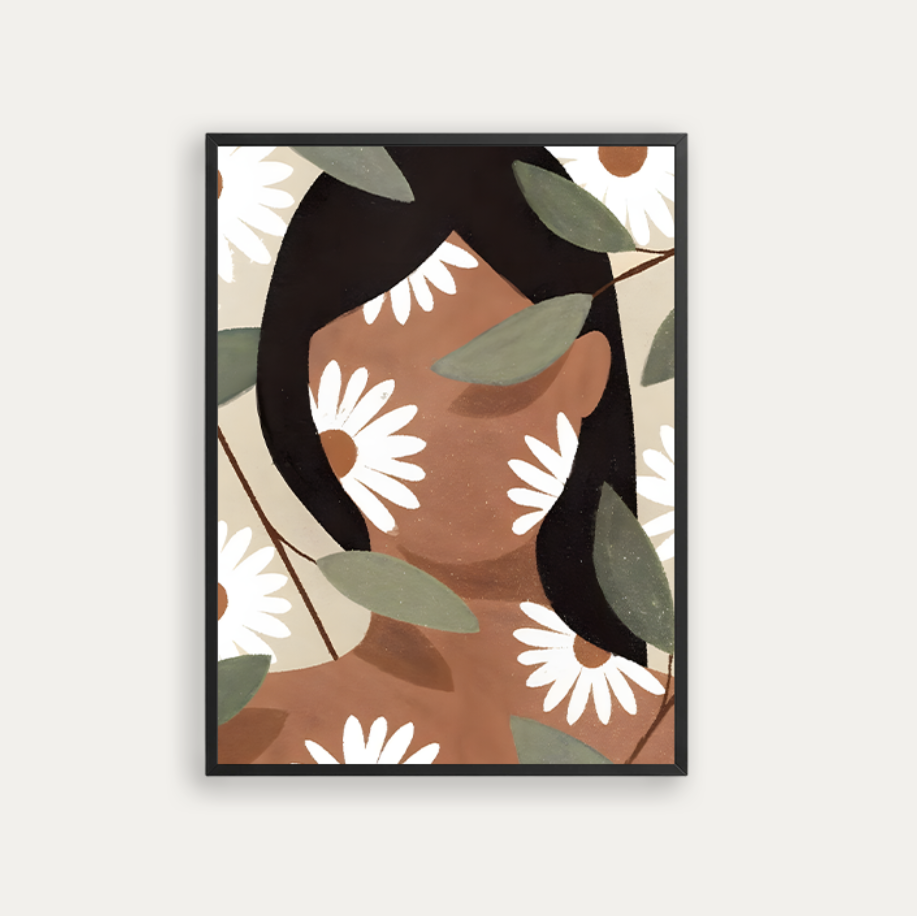 A woman covered by white daisies