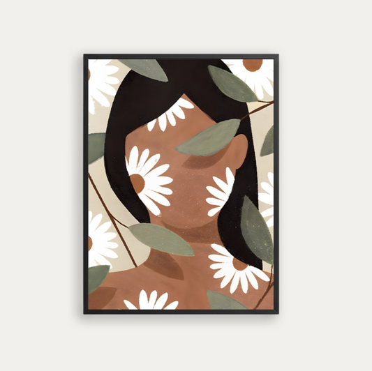 A woman covered by white daisies