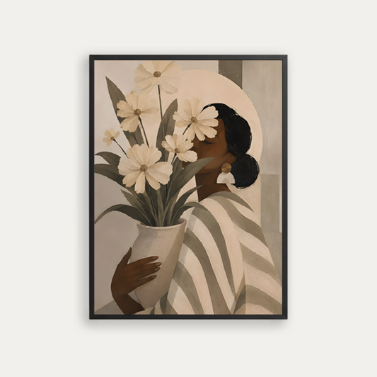 Holding a vase of white flowers