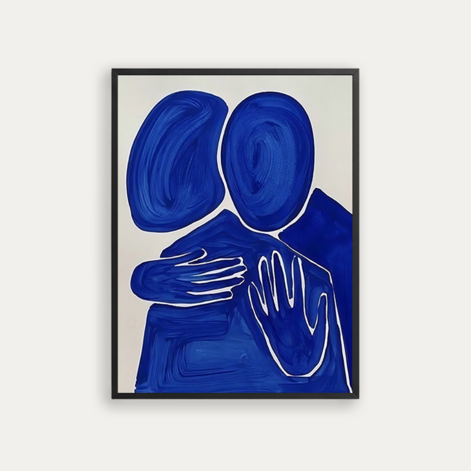 two blue figures embracing
