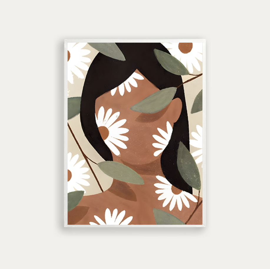 A woman covered by white daisies