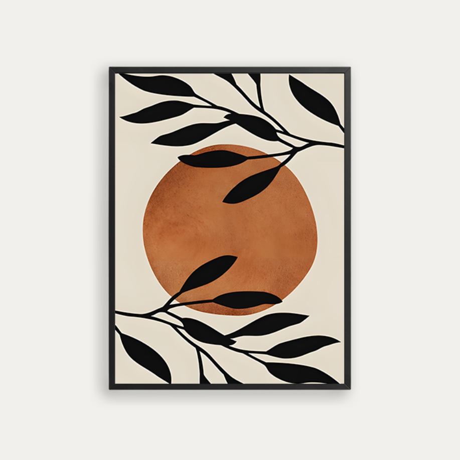 A terracotta circle and black leafy