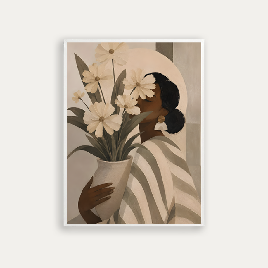 Holding a vase of white flowers