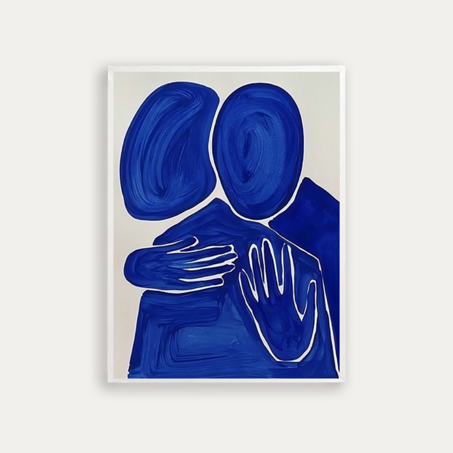two blue figures embracing