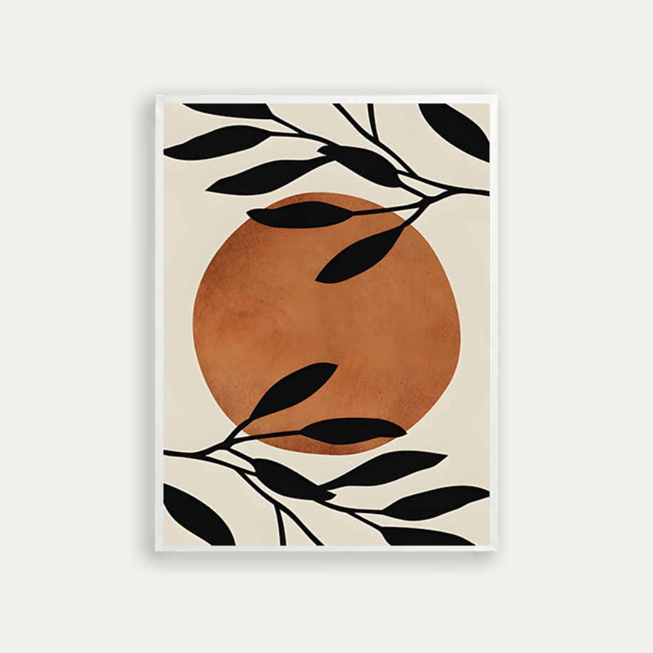 A terracotta circle and black leafy
